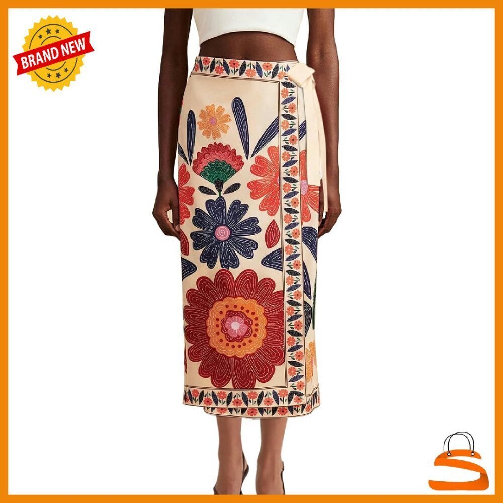 Women's Floral Wrap Midi Skirt Adjustable Tie High Waist A-Line